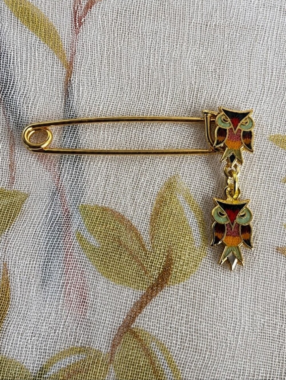 Vintage Chinese Enameled Cloisonné Dual Owl Safety Kilt Diaper Pin Style Brooch